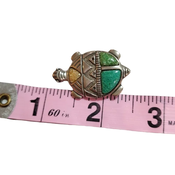 Turquoise and Coral Sterling Silver Turtle Pendant Brooch - Picture 5 of 10